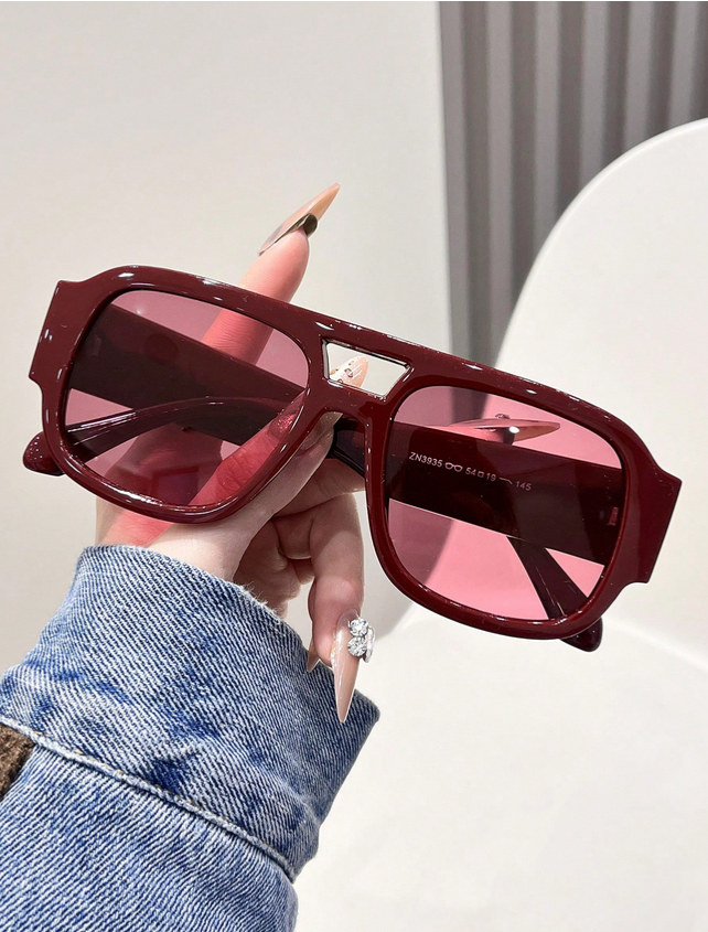 Women Red Frame Fashion Glasses, Oversized Aviator Casual Beach Shades