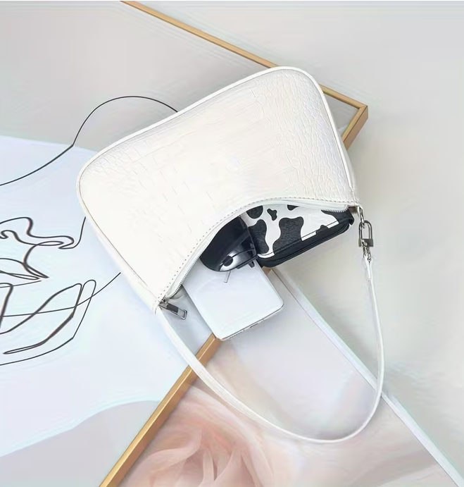 Women's Crescent Bag Crocodile Pattern , summer style - WHITE